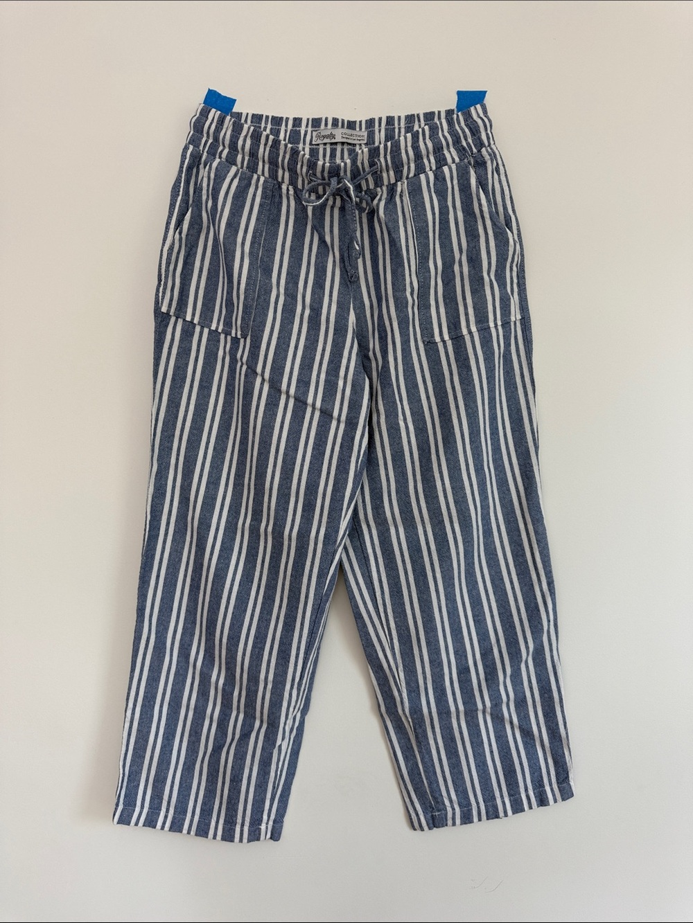 Striped Lightweight Linen-Blend Drawstring Summer Pants - Blue/White - Cropped
